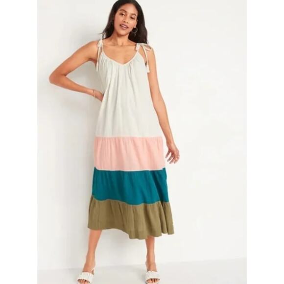 Old Navy Women’s Tasseled Color Block Flowy Summer Maxi Dress Size M White Pink - Picture 1 of 6